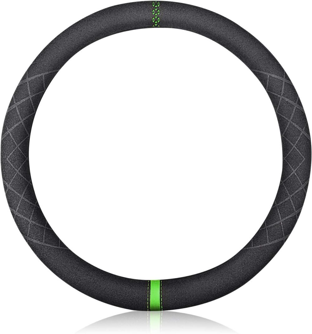 Sport Microfiber Suede Velvet Car Steering Wheel Cover Non-Slip Car Steering Wheel Protector Winter Warm Universal for Diameter 38cm(15") (Black Green)