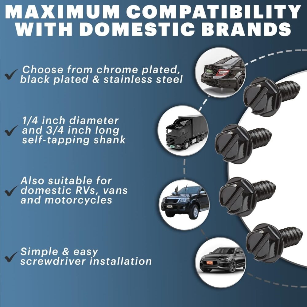 Black License Plate Screws Kit - Set of 8 Fasteners For Front and Back License Plates and License Plate Frames or Covers on Domestic Cars, Trucks, SUVs - Rustproof, Self Tapping Mounting Bolts (Black) - Image 2