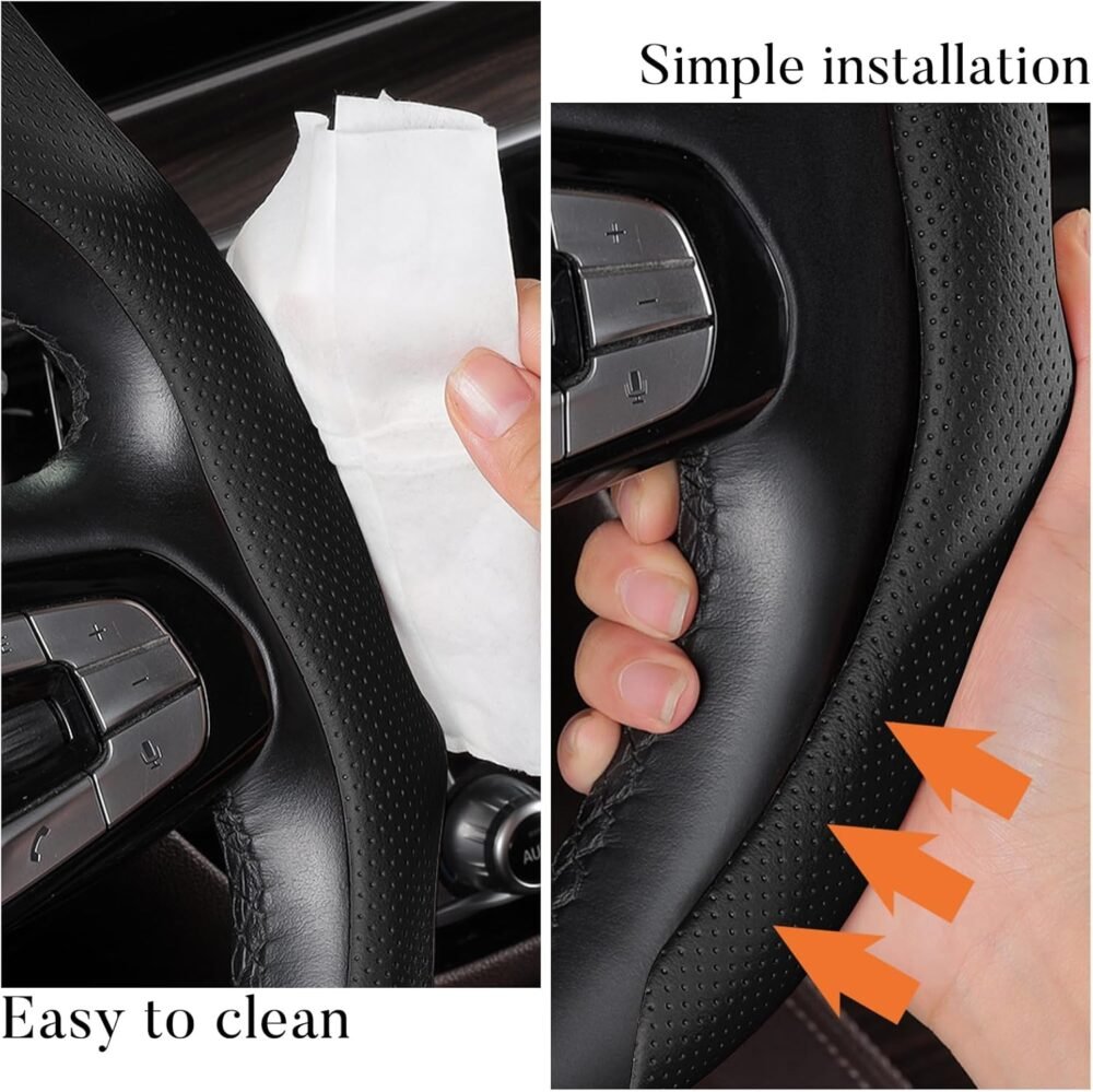 Leather Steering Wheel Cover, Premium Microfiber Leather Steering Wheel Wrap Men 14.5-15 inch Universal Breathable Car Steering Wheel Accessories Protector, Black - Image 2