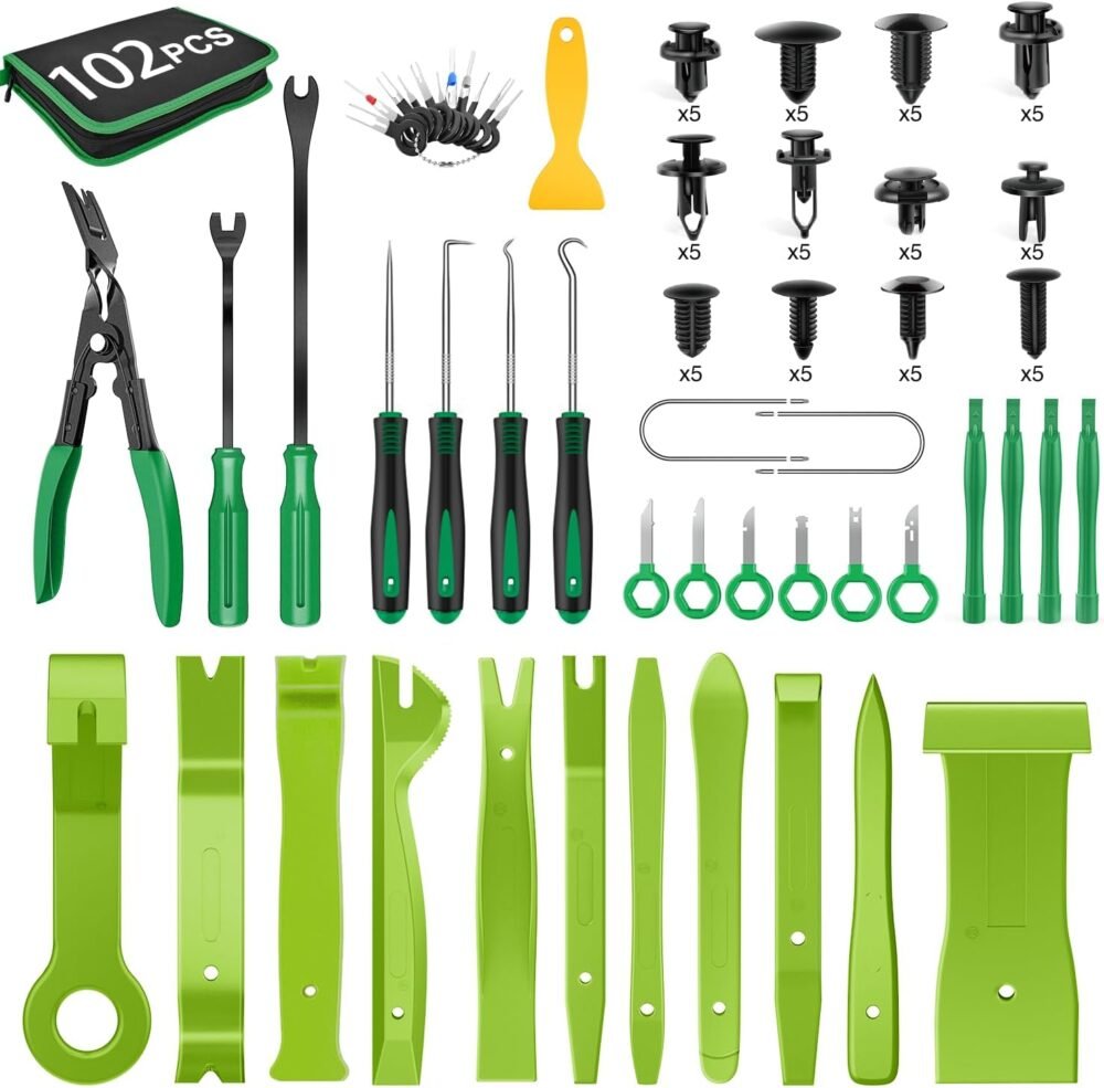 102Pcs Trim Removal Tool, Auto Push Pin Nylon Bumper Retainer Clip Set Fastener Terminal Remover Tool Round Handle Crowbar Kit Car/Radio Panel, Green