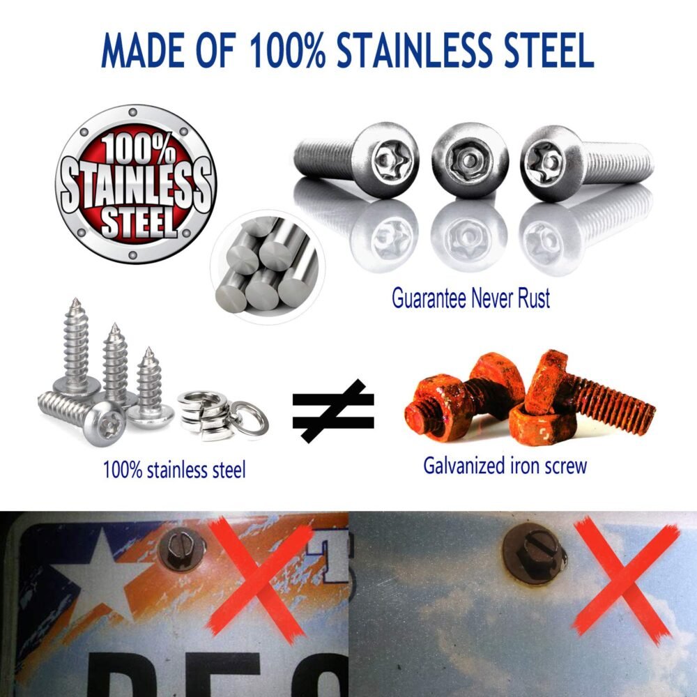 Anti Theft License Plate Screws- Stainless Steel Bolts Fasteners Kits for Car Tag Frame Holder, Tamper Resistant Mounting Hardware,1/4"(M6) Security Screw Set,Rust Proof,Chrome Screw Caps Cover - Image 2