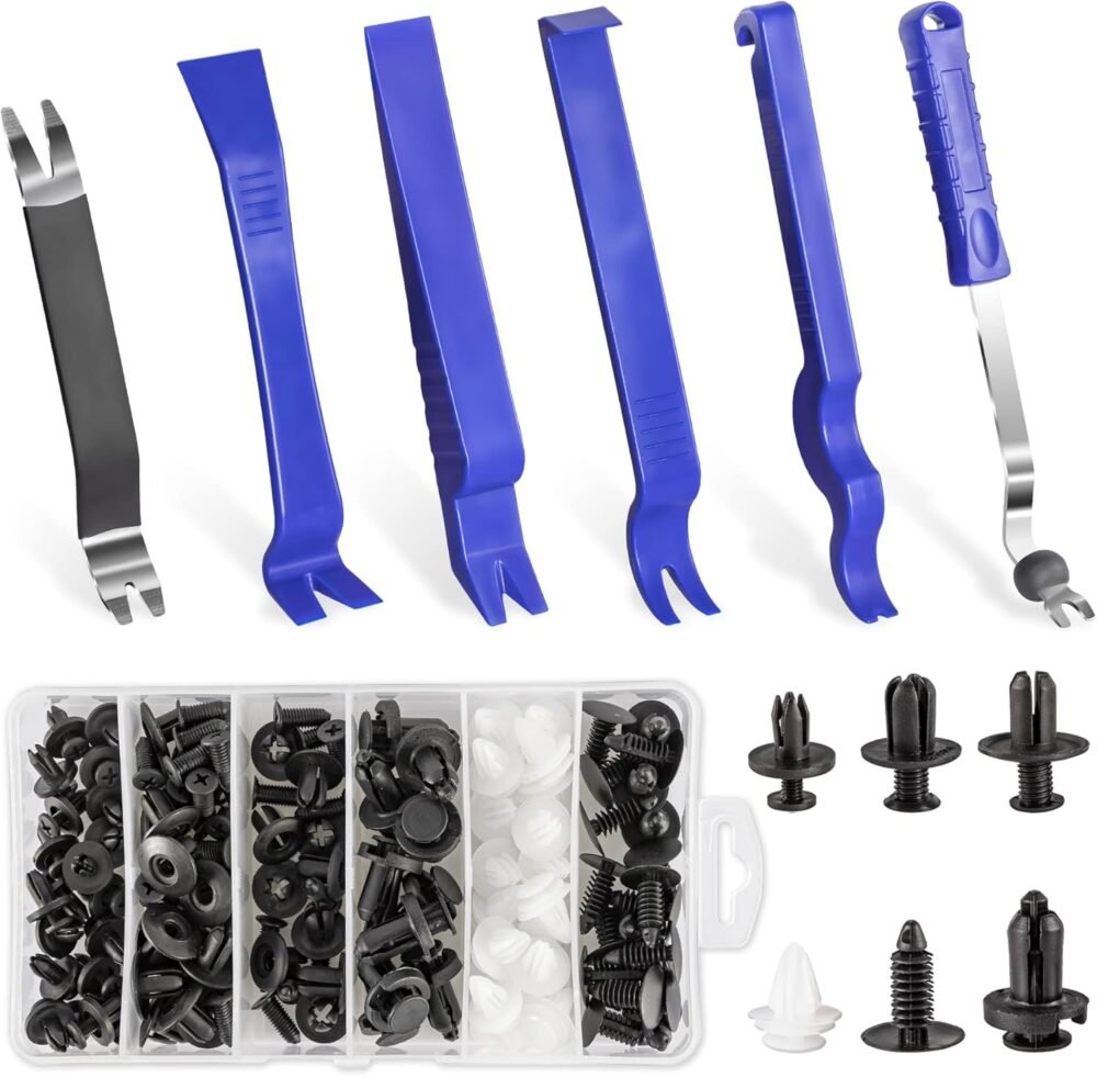 Auto Trim Removal Tool Kit, Clip Fastener Remover Pry Tools Set,100 Pcs Bumper Retainer Clips Car Plastic Rivets Fasteners Push Retainer Kit with 6 Pcs Storage Removal Tool, Blue