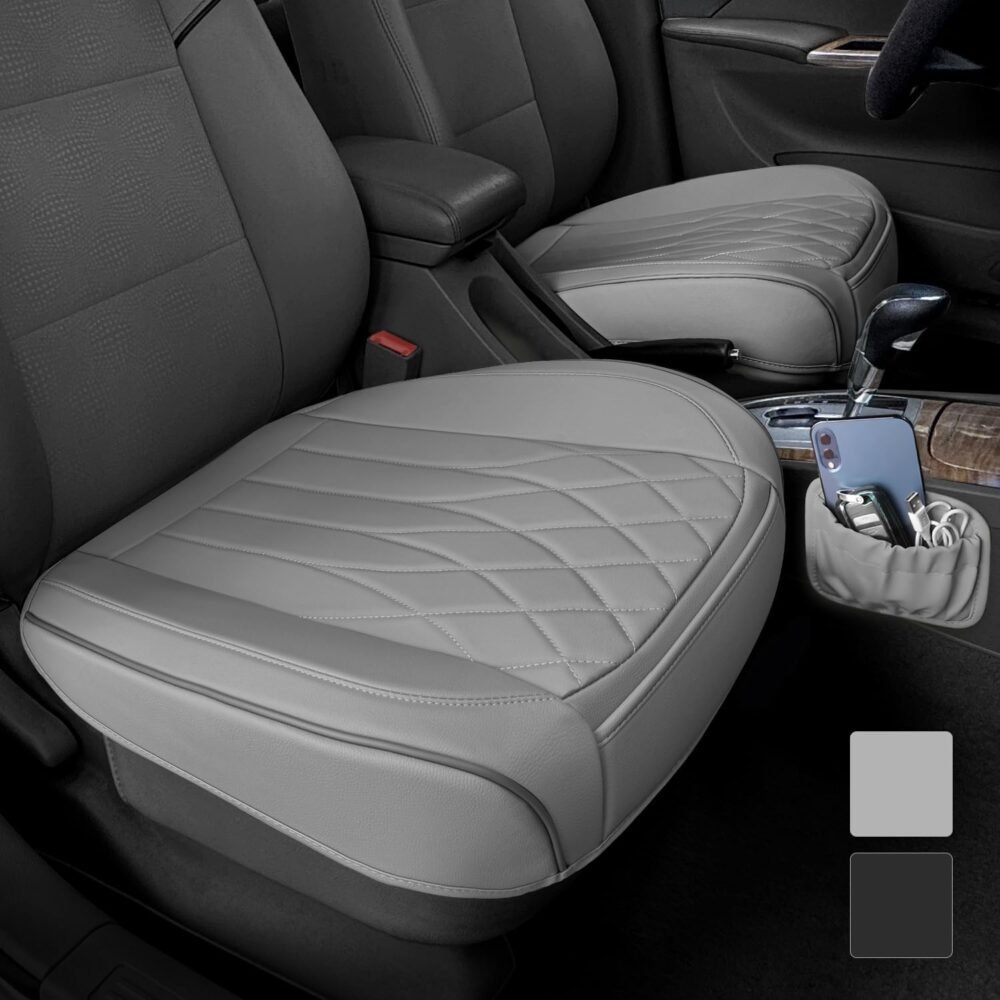 2 Pack Leather Front Car Seat Cover Bottom Car Seat, Universal Anti-Slip Driver Car Seat Protectors with Storage Pocket, Waterproof Bottom Auto Seat Cushion Pad Mat for Most Vehicles(Gray)