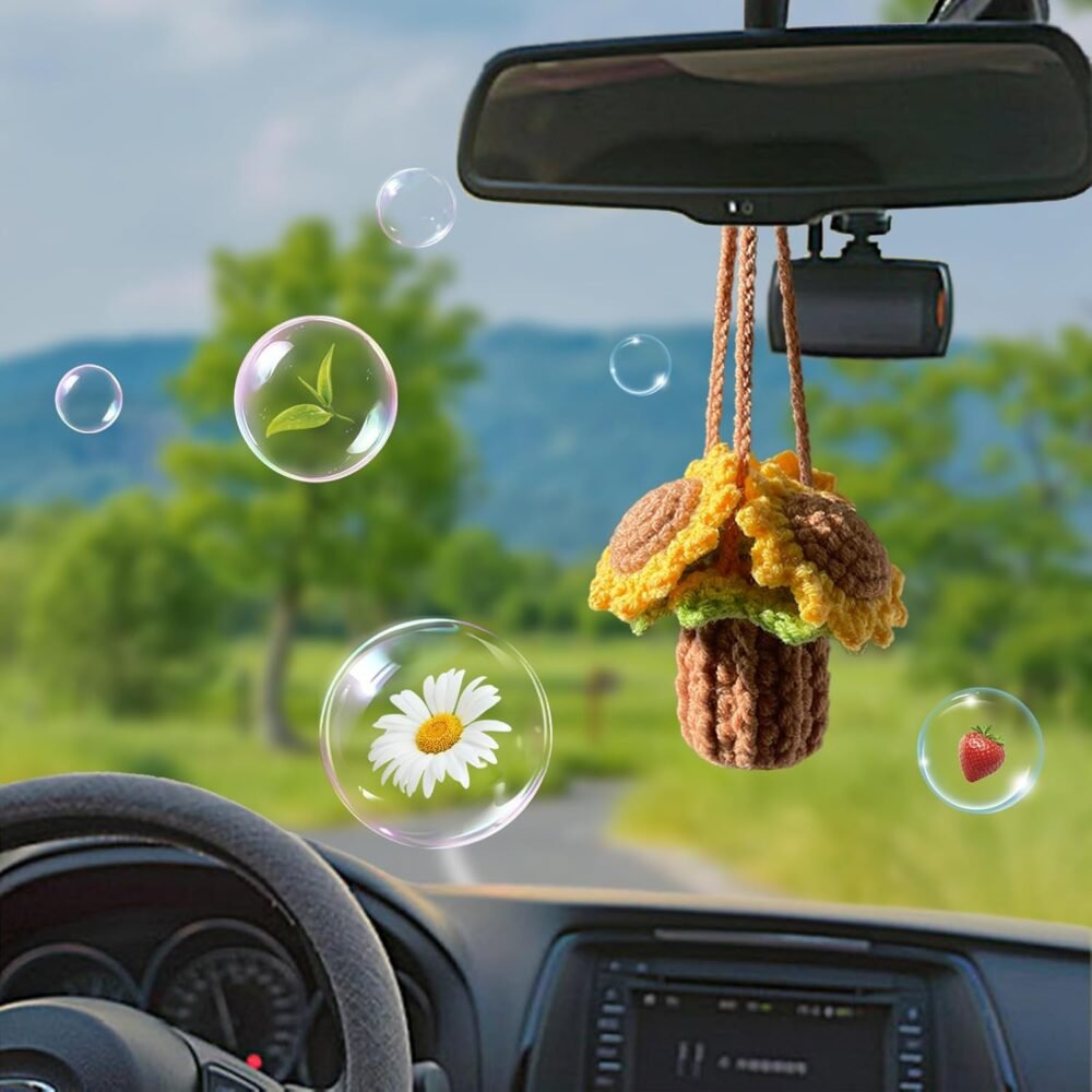 Crochet Car Air Freshener Empty Refillable Diffuser Bottle with Cute Potted Plants Car Mirror Hanging Accessories Long Lasting Air Hanging Fragrance Oil Diffuser sunflower - Image 2