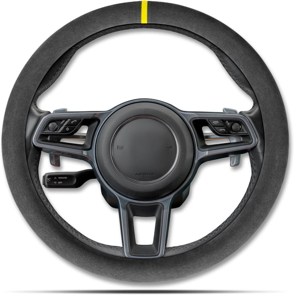 Car Steering Wheel Cover, Anti-Slip, Comfortable Grip, Breathable, Durable, Full Surround, Universal Fit Car Interior - Black (Yellow Mark) - Regular Style