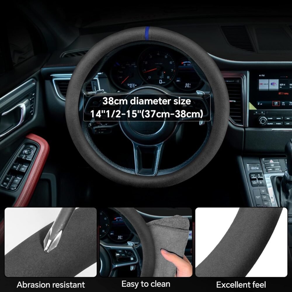 Car Steering Wheel Cover, Anti-Slip, Comfortable Grip, Breathable, Durable, Full Surround, Universal Fit Car Interior - Black (Blue Mark) - Regular Style - Image 2