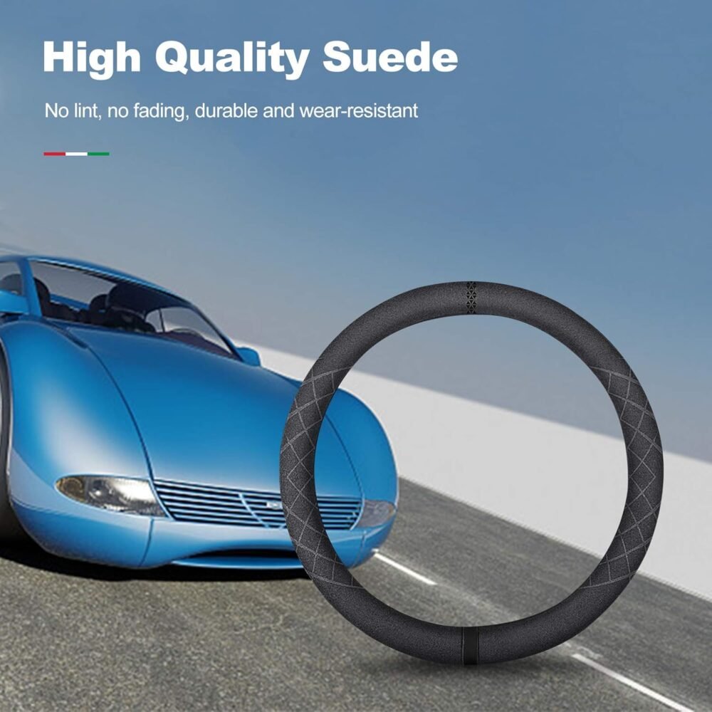 Sport Microfiber Suede Velvet Car Steering Wheel Cover Non-Slip Car Steering Wheel Protector Winter Warm Universal for Diameter 38cm(15") (Black) - Image 2