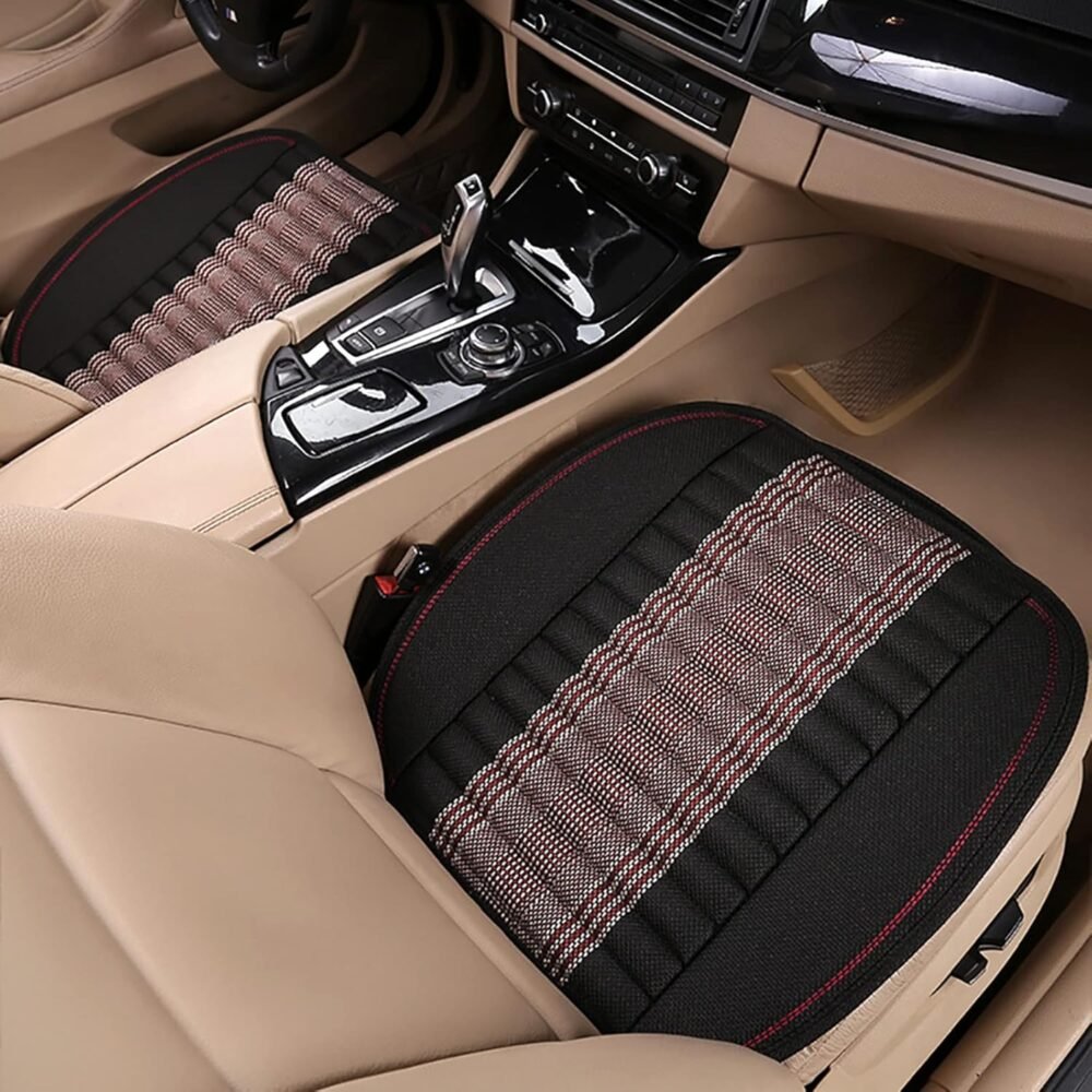 Car Seat Cushion,Car Seat Cover Universal Bottom Driver Pad,Bamboo Charcoal Comfortable and Breathable Fabric Seat Cushion with Storage Pouch,Fit for Trucks Vans Cars SUV (2PC Black) - Image 2