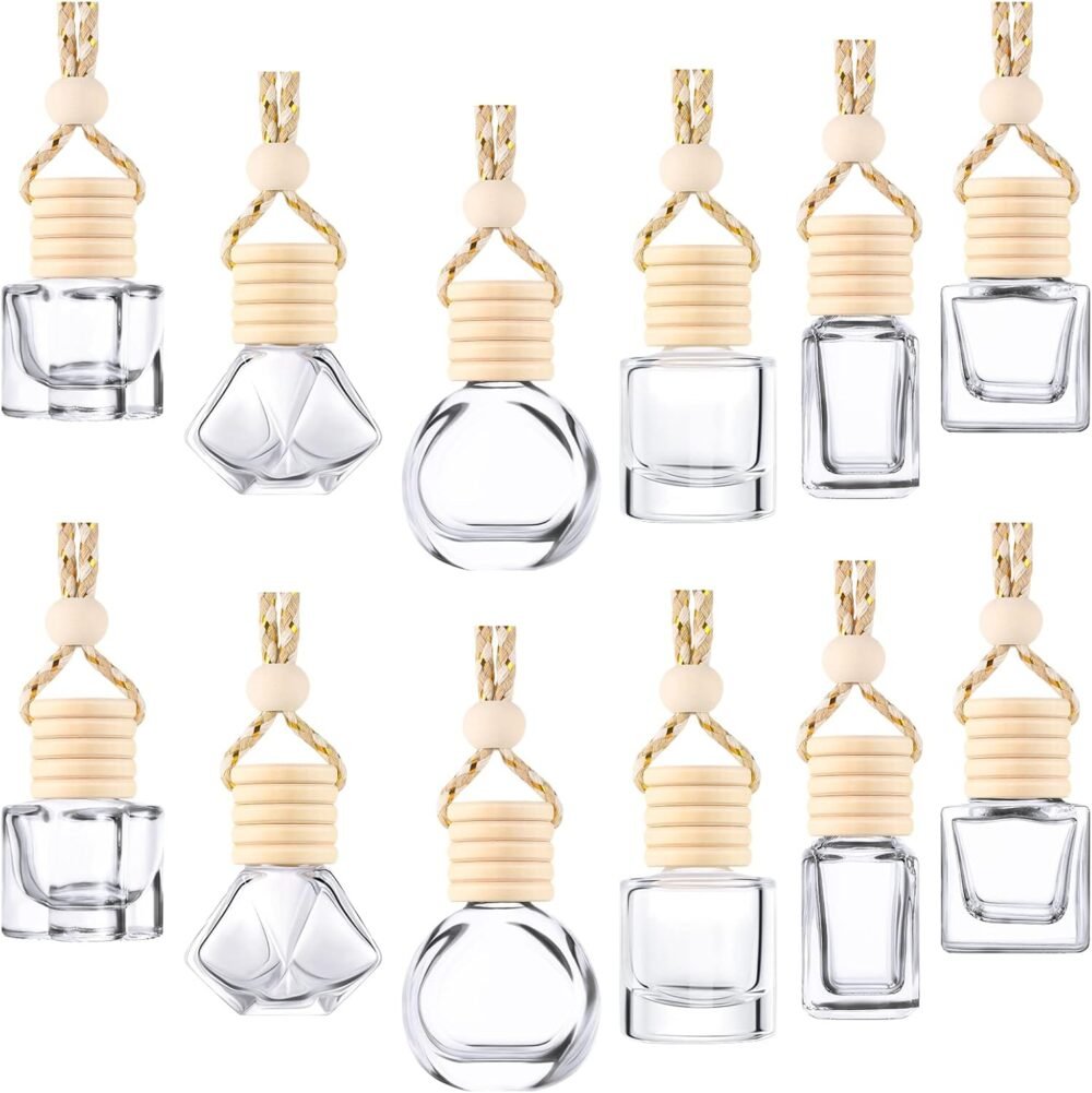 12 Pcs 8ml Hanging Car Air Freshener Perfume Bottle Empty Clear Glass Essential Diffuser Oil Aromatherapy Fragrance Perfume Pendant Glass Bottle Decor(Assorted Style)