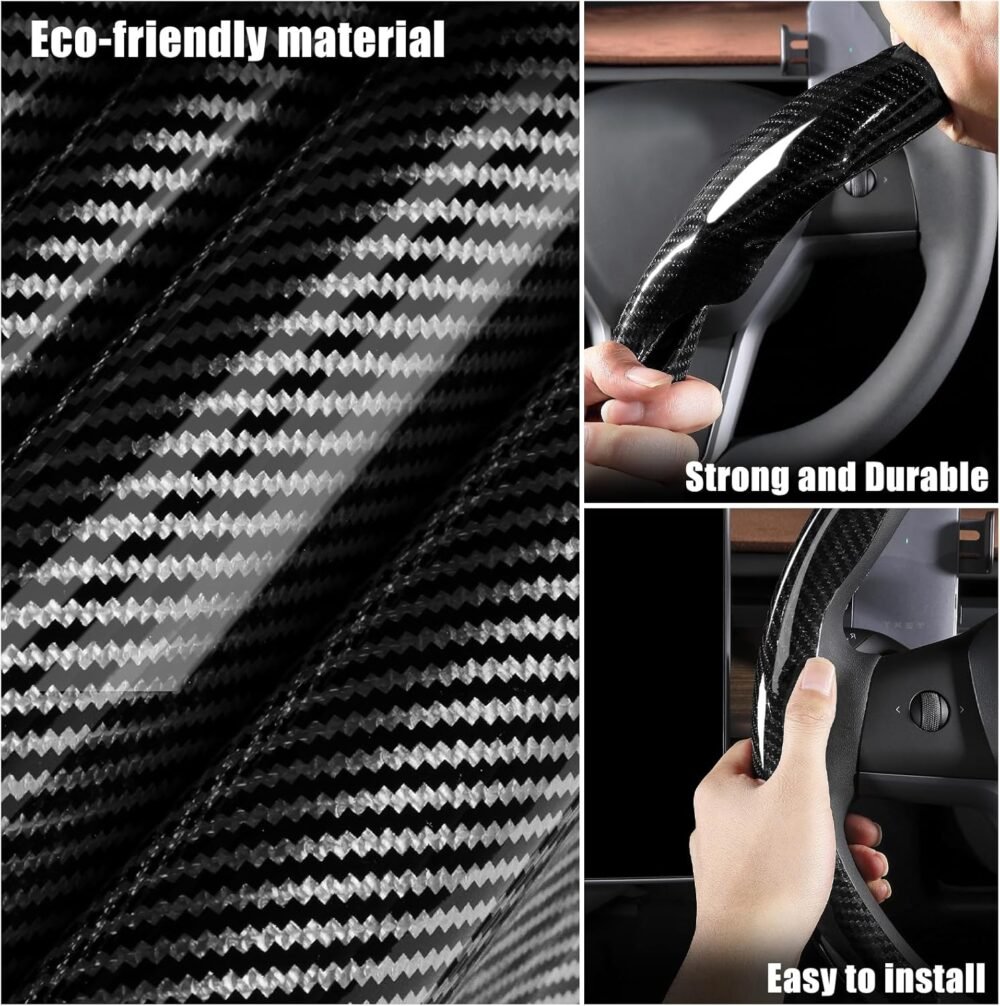 Car Steering Wheel Cover Bright Carbon Fiber, Non-Slip Steering Wheel Wrap Universal 14.5-15 inch Steering Wheel Car Accessories Interior Protector, Black - Image 2