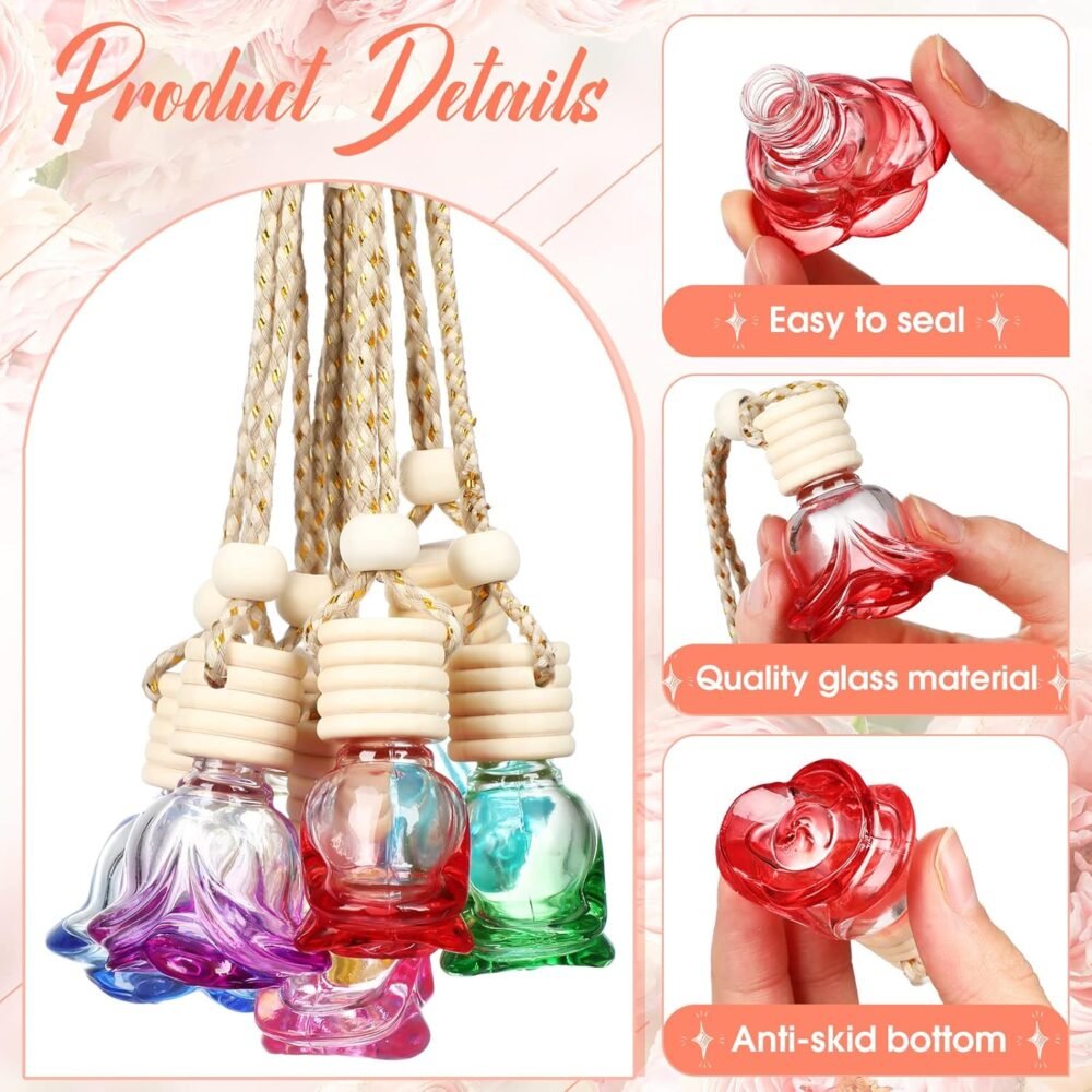 20 Pcs Car Essential Oil Diffuser Hanging Bottle Air Freshener Car Perfume Diffuser Empty Glass Bottle Refillable Aromatherapy Fragrance Bottle Pendant Auto Interior Ornament (Rose Style) - Image 2