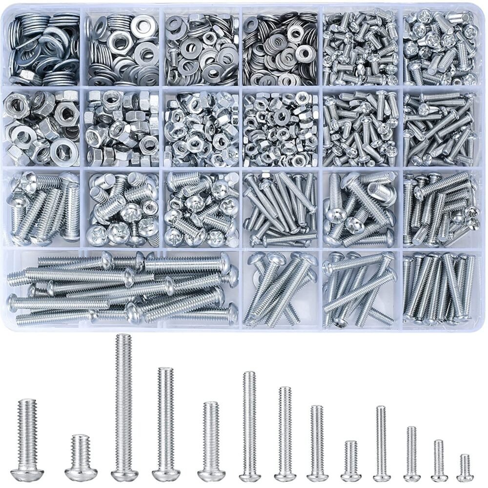 1080 Pcs Screws Bolts and Nuts Assortment Kit, Metric Machine Screws and Nuts and Flat Washers, M3/M4/M5/M6 Slotted Pan Head Hex Bolts Sets (C)