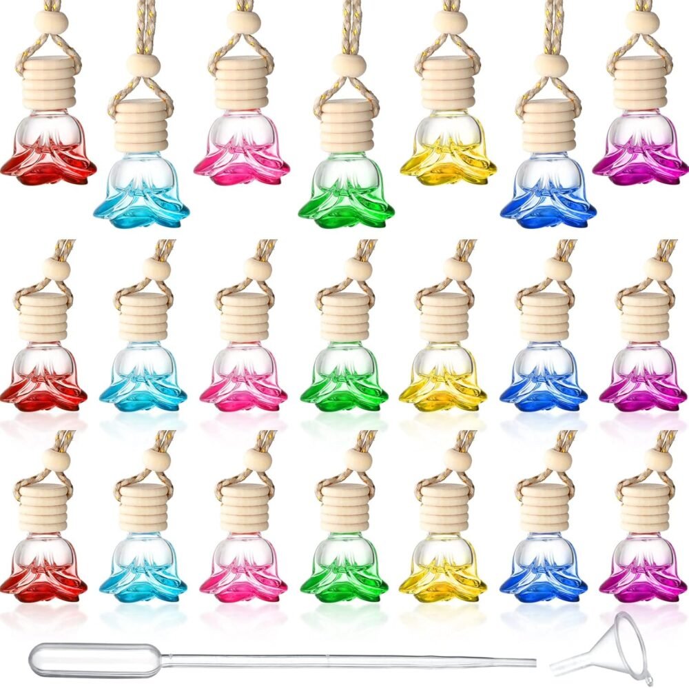 20 Pcs Car Essential Oil Diffuser Hanging Bottle Air Freshener Car Perfume Diffuser Empty Glass Bottle Refillable Aromatherapy Fragrance Bottle Pendant Auto Interior Ornament (Rose Style)